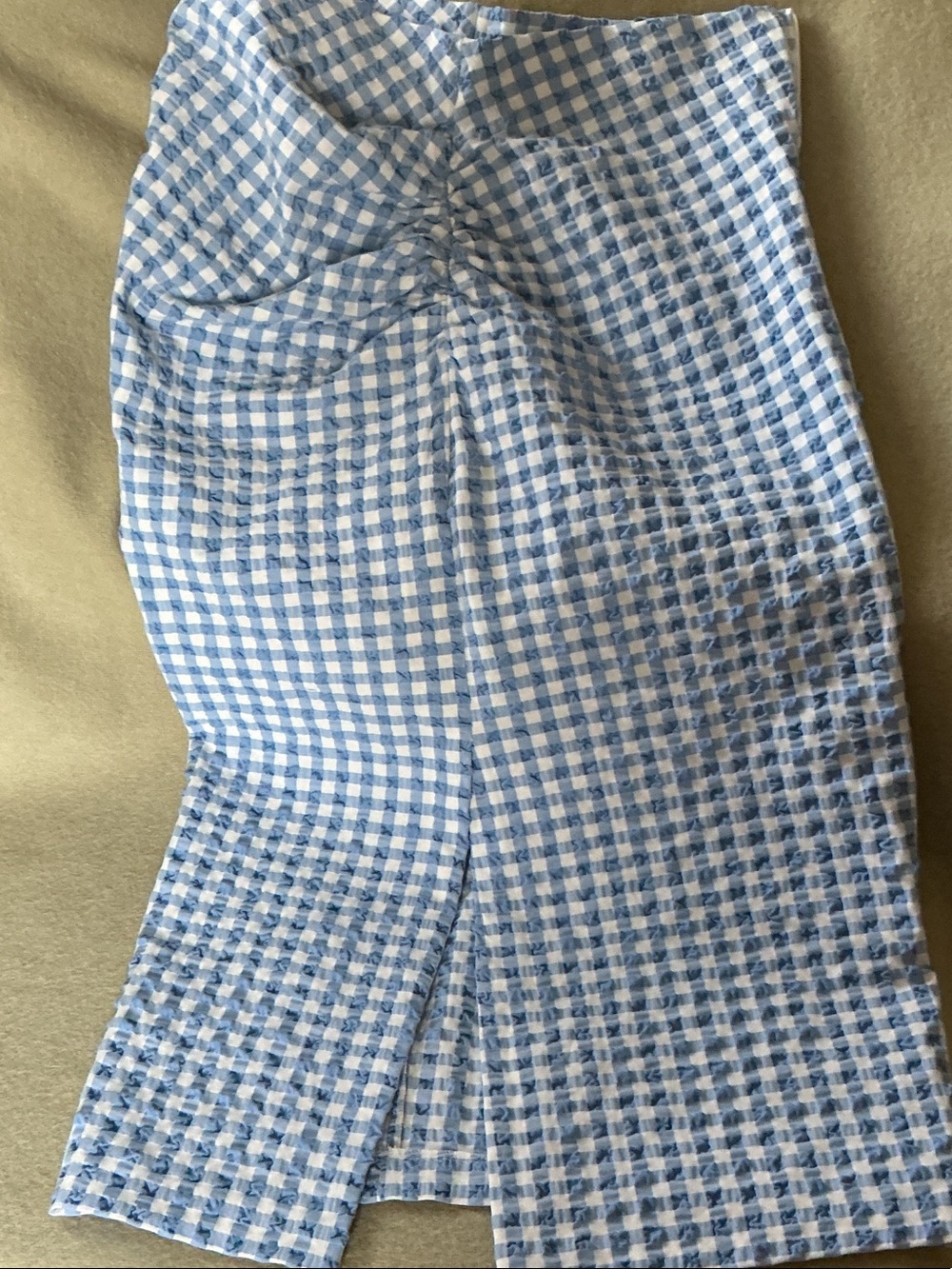 Zara Blue and White Gingham Ruched Pencil Skirt
